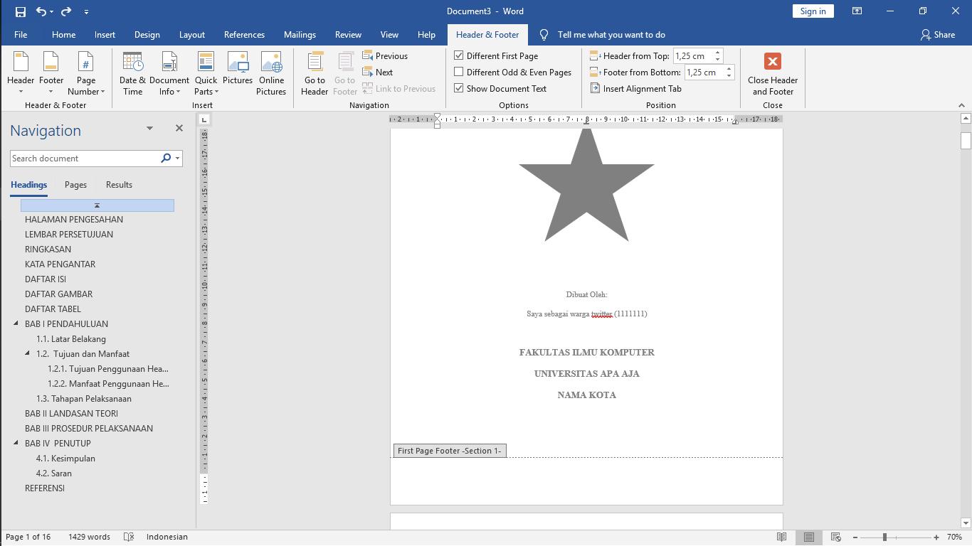 Tampilan Penomoran Halaman Microsoft Word kesepuluh