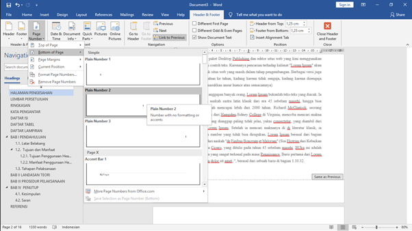 Tampilan Penomoran Halaman Microsoft Word kedelapan
