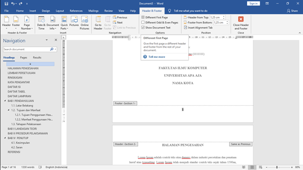 Tampilan Penomoran Halaman Microsoft Word kesembilan